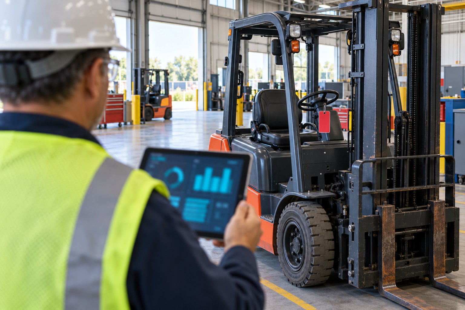 A maintenance lead using X3 Equipment on a tablet in a warehouse equipment bay