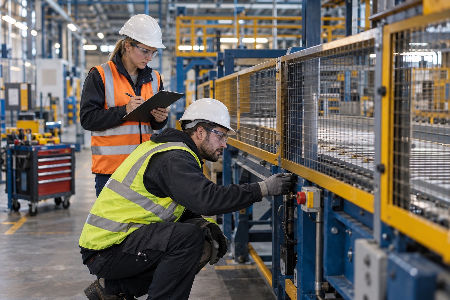 A maintenance worker kneeling to check a guarded conveyor control while a supervisor records the result on a clipboard