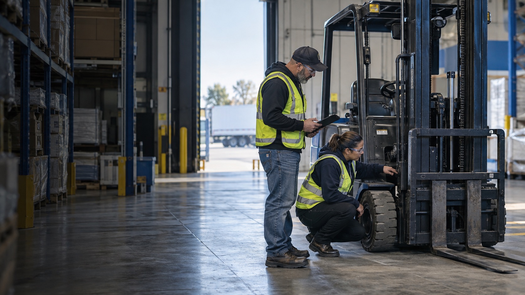 An operator and a maintenance lead kneeling to inspect the mast and forks of a forklift inside a warehouse