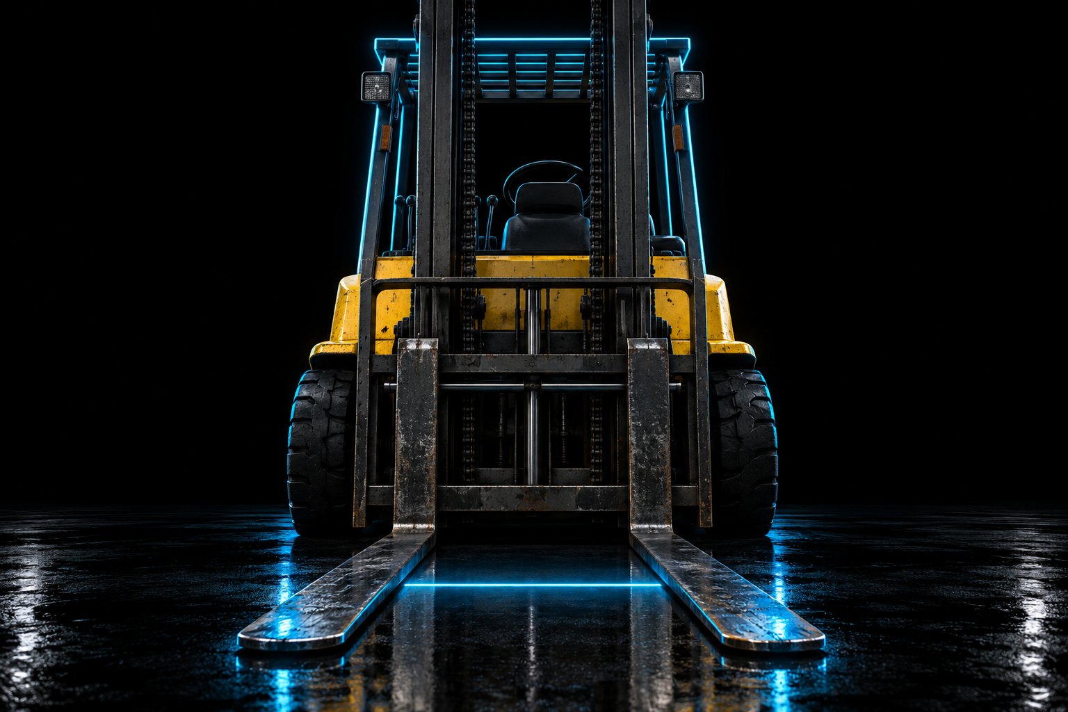 The front of a yellow warehouse forklift, forks lowered to the floor, seen head-on and slightly low