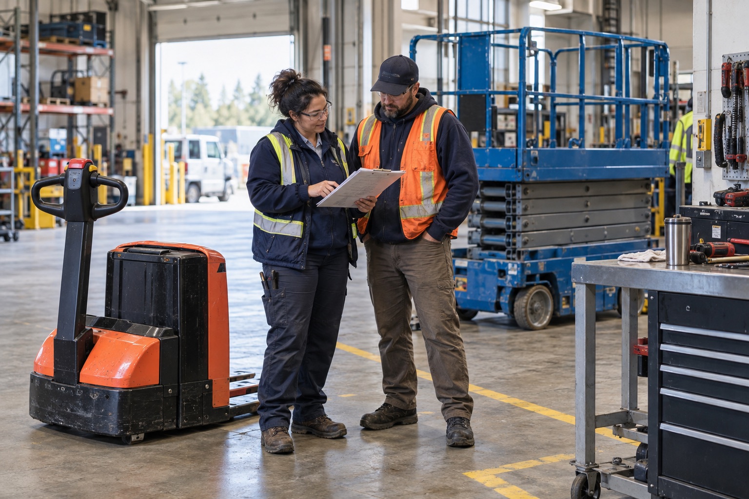 A supervisor and a maintenance lead reviewing a defect report on a clipboard beside a pallet jack and a scissor lift