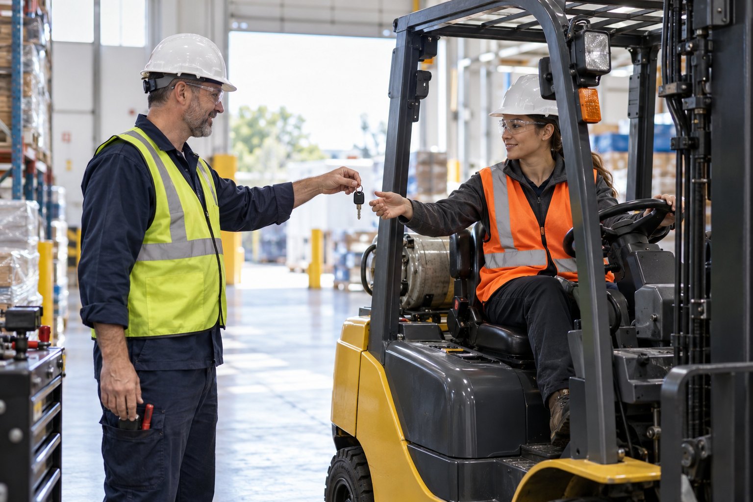 A maintenance technician handing a set of keys to a forklift operator beside a clean, repaired forklift