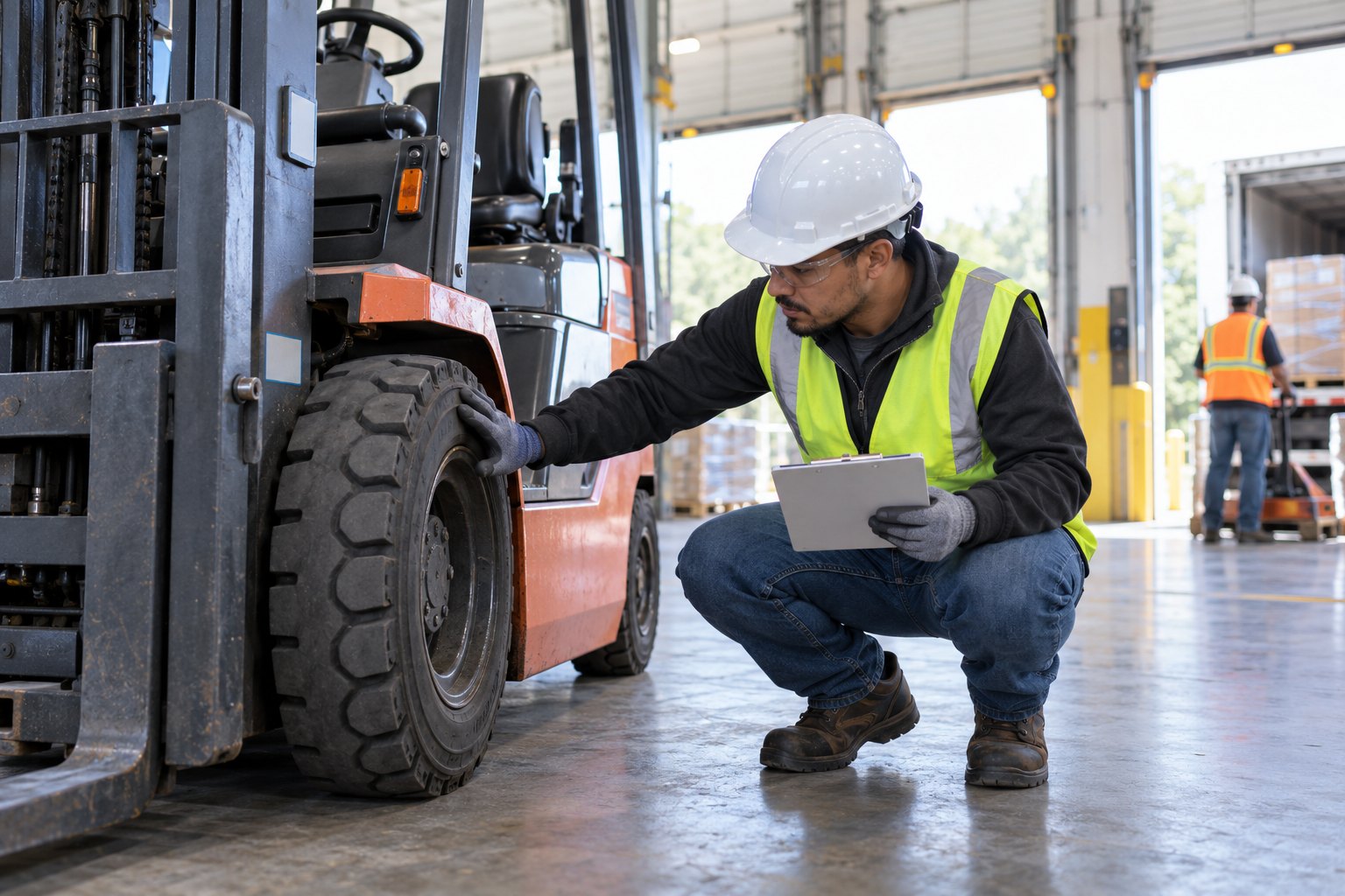 A forklift operator doing a pre-use check before a shift: crouched beside the front wheel of a forklift, pressing a gloved hand against the tire and looking closely at it, a small checklist pad in the other hand