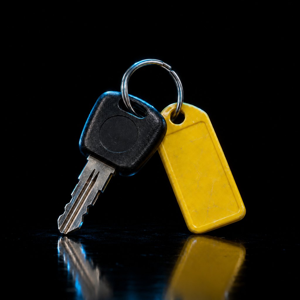 A single forklift ignition key on a steel ring with a blank yellow plastic tag attached